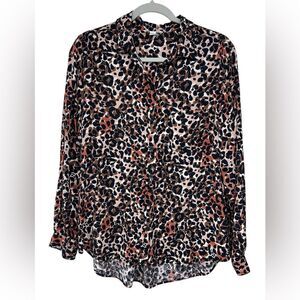 beach lunch lounge Leopard Print Long Sleeve Button Down Top Womens Large